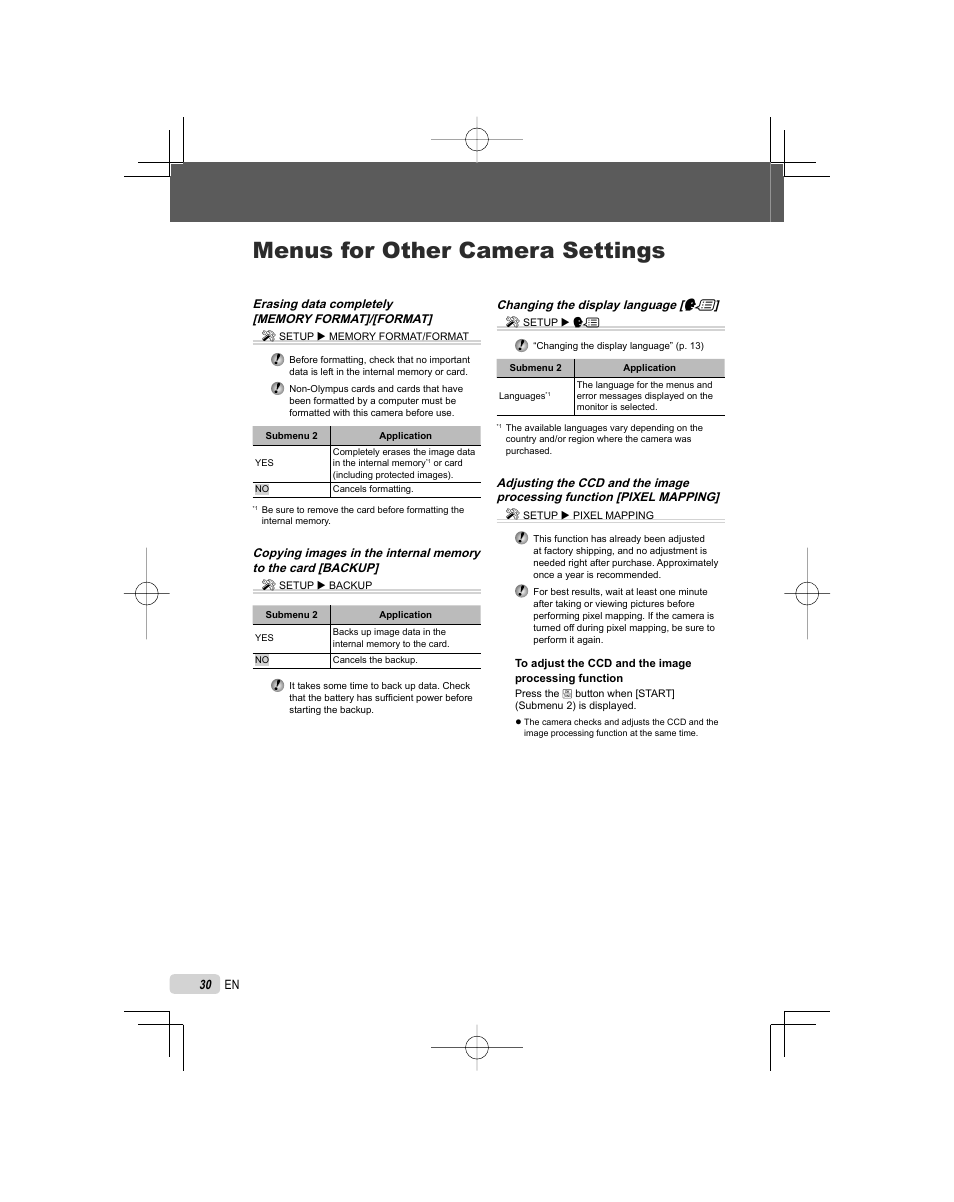 Menus for other camera settings | Olympus FE-45 User Manual | Page 30 / 62