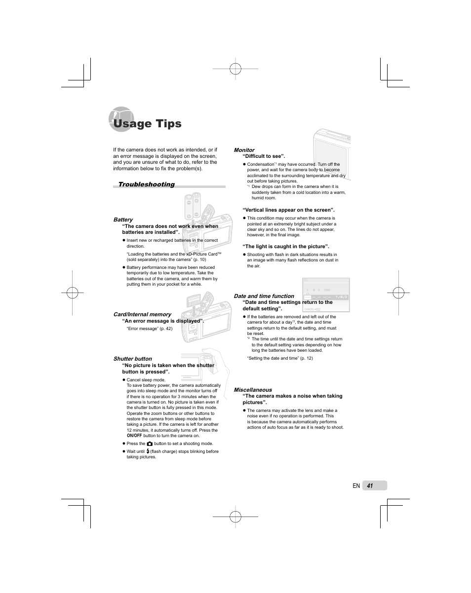 Usage tips, Troubleshooting | Olympus FE-45 User Manual | Page 41 / 62