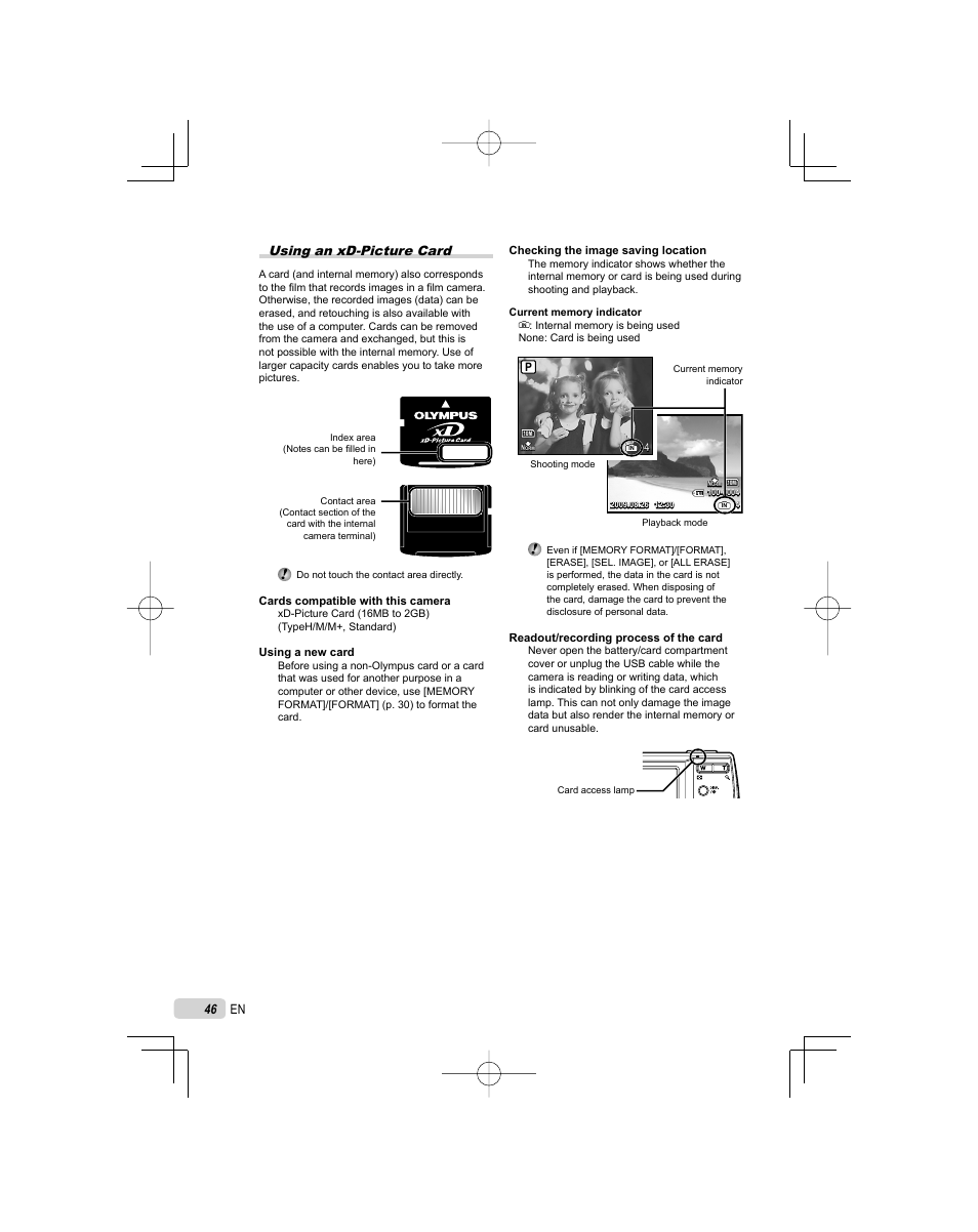Using an xd-picture card | Olympus FE-45 User Manual | Page 46 / 62