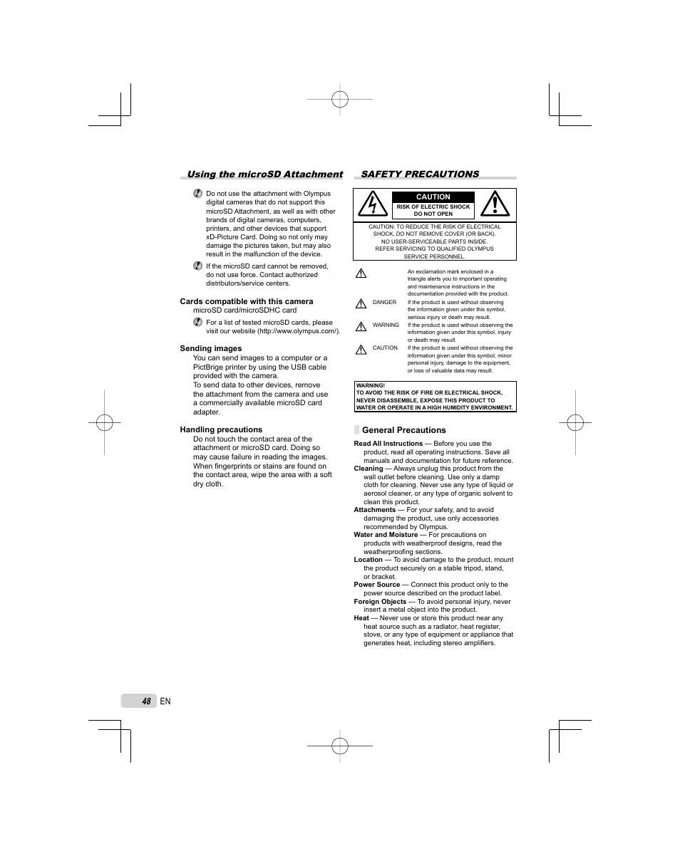 Using the microsd attachment, Safety precautions | Olympus FE-45 User Manual | Page 48 / 62