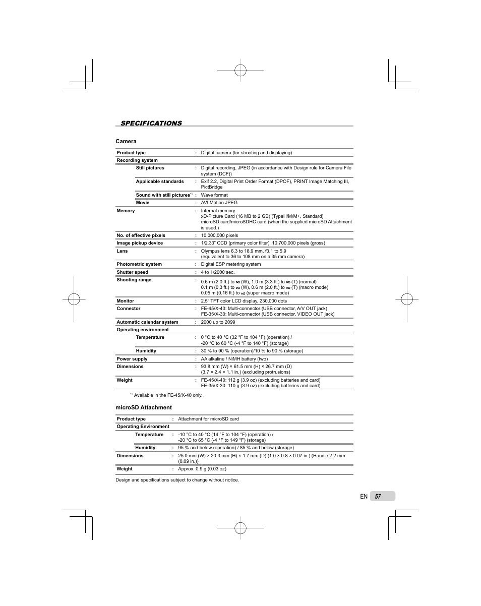 Specifications | Olympus FE-45 User Manual | Page 57 / 62