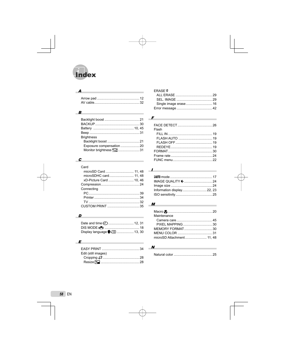 Index | Olympus FE-45 User Manual | Page 58 / 62