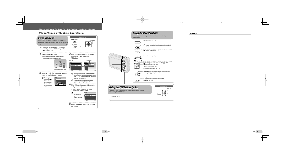 Using the func menu (p. 22), Using the direct buttons, Using the menu | Three types of setting operations | Olympus FE-45 User Manual | Page 61 / 62