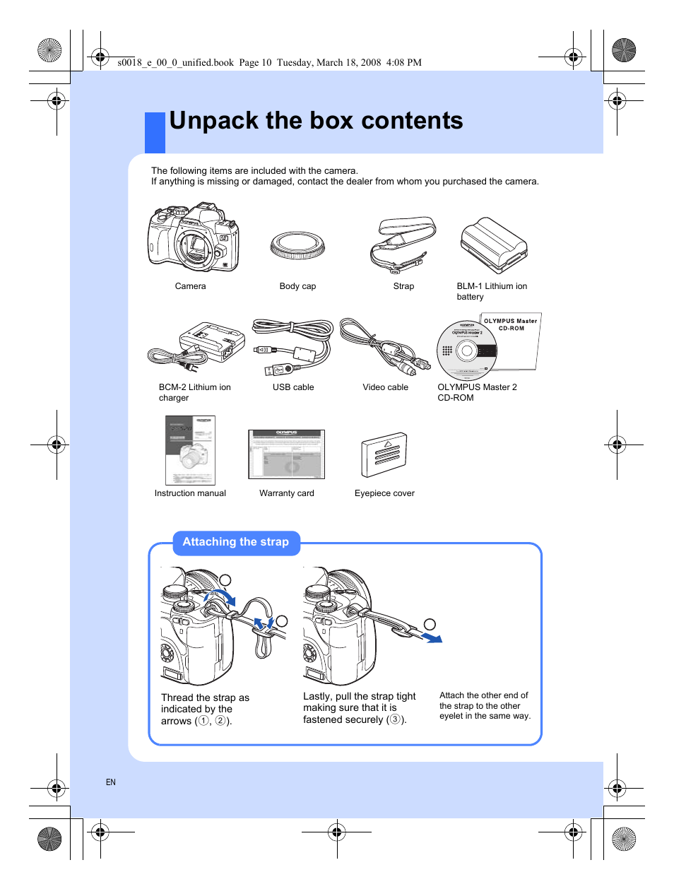Unpack the box contents | Olympus E-520 User Manual | Page 10 / 148
