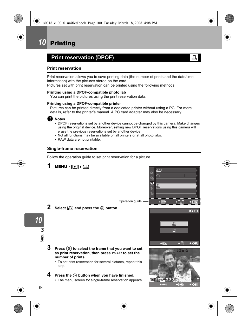 10 printing, Print reservation (dpof), Print reservation | Single-frame reservation, Printing | Olympus E-520 User Manual | Page 100 / 148