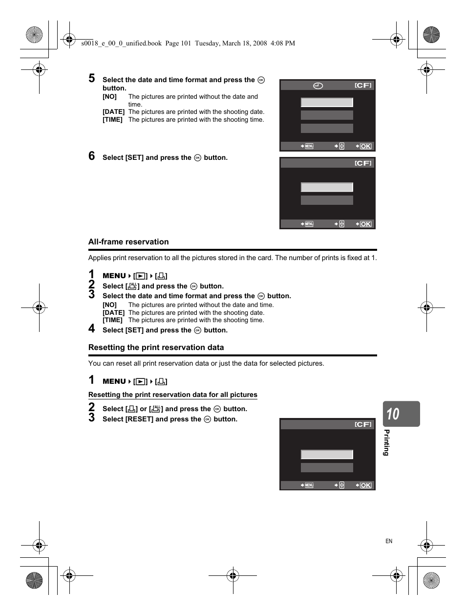 All-frame reservation, Resetting the print reservation data | Olympus E-520 User Manual | Page 101 / 148