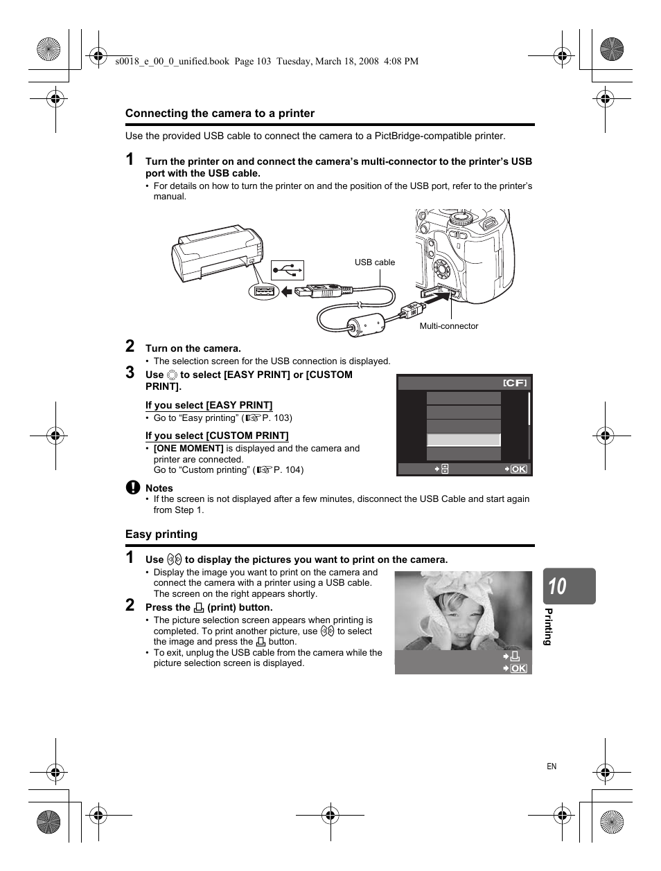 Connecting the camera to a printer, Easy printing | Olympus E-520 User Manual | Page 103 / 148