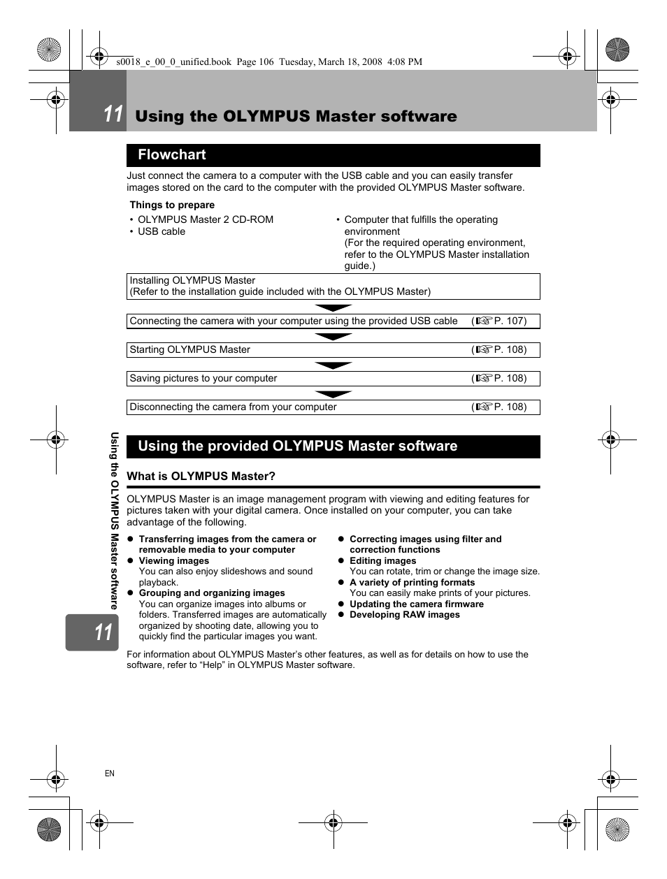 11 using the olympus master software, Flowchart, Using the provided olympus master software | What is olympus master, Using the olympus master software | Olympus E-520 User Manual | Page 106 / 148