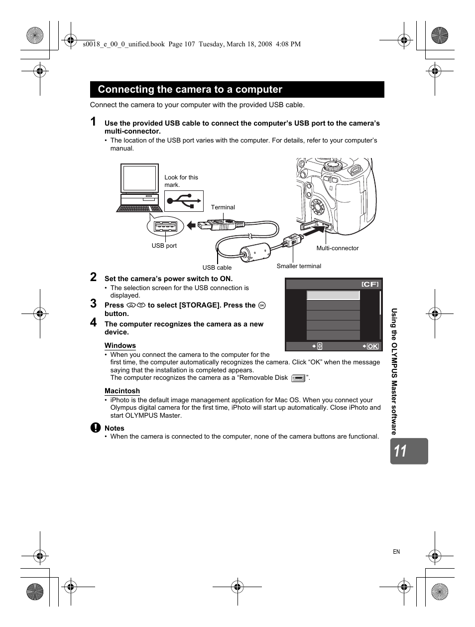 Connecting the camera to a computer | Olympus E-520 User Manual | Page 107 / 148