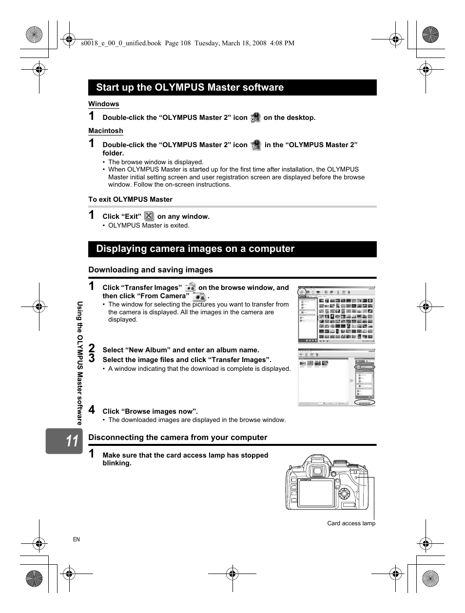Start up the olympus master software, Displaying camera images on a computer, Downloading and saving images | Disconnecting the camera from your computer | Olympus E-520 User Manual | Page 108 / 148