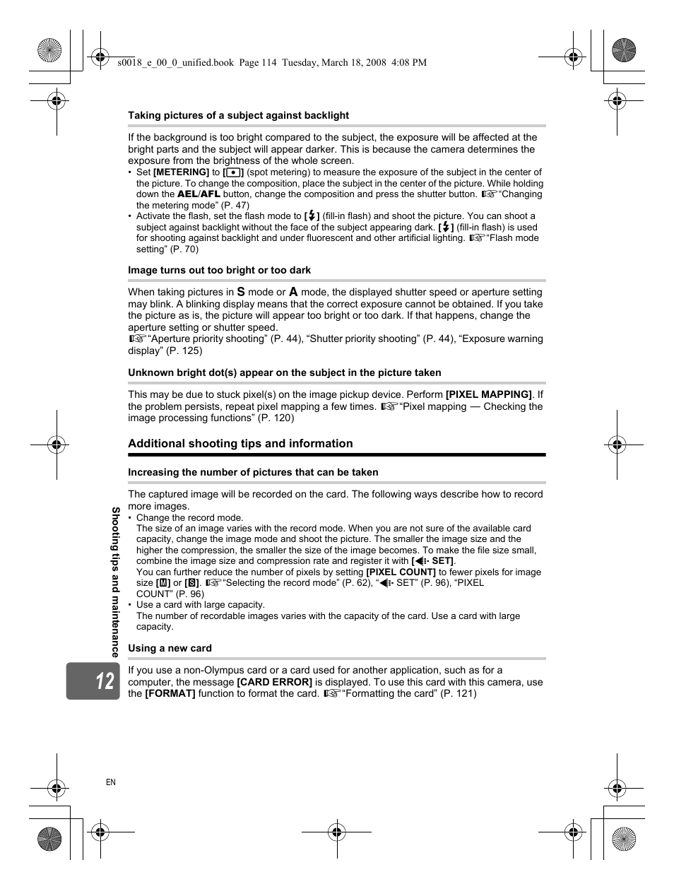 Additional shooting tips and information | Olympus E-520 User Manual | Page 114 / 148