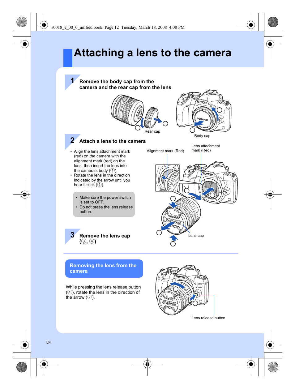 Attaching a lens to the camera | Olympus E-520 User Manual | Page 12 / 148
