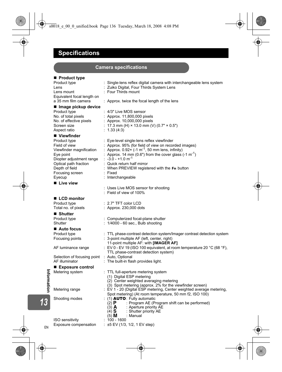 Specifications | Olympus E-520 User Manual | Page 136 / 148