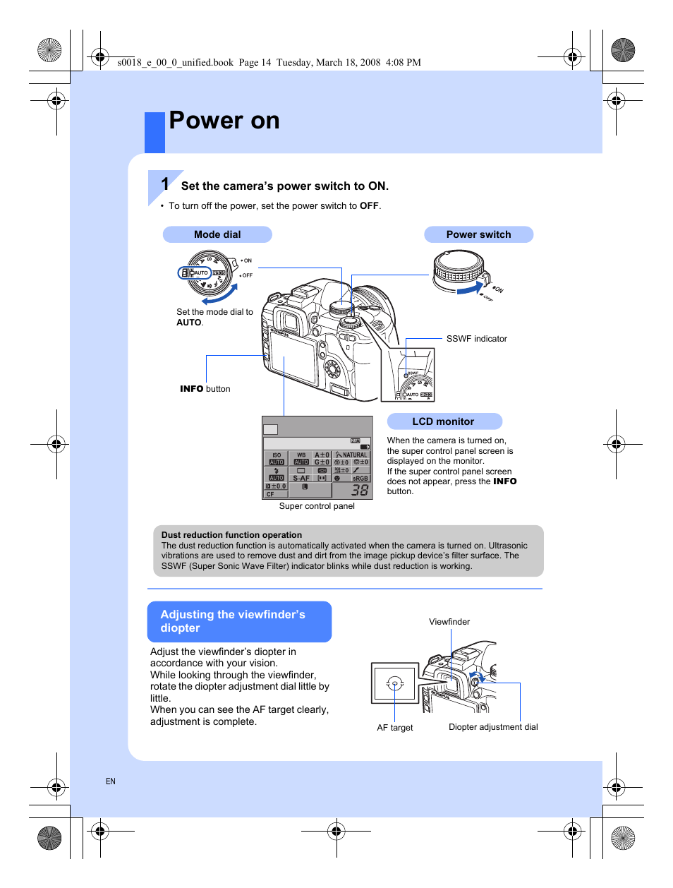 Power on | Olympus E-520 User Manual | Page 14 / 148