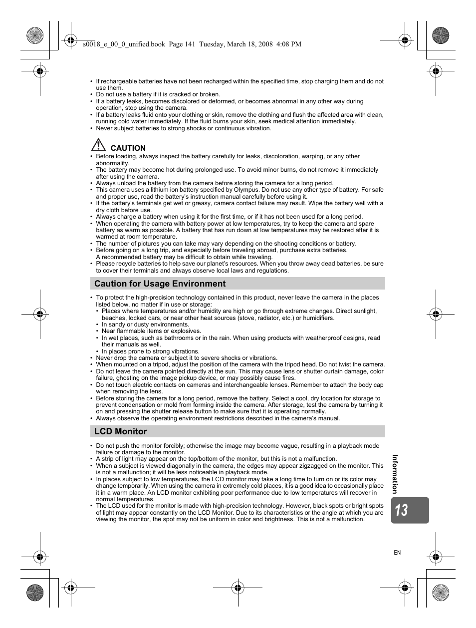 Caution for usage environment lcd monitor | Olympus E-520 User Manual | Page 141 / 148