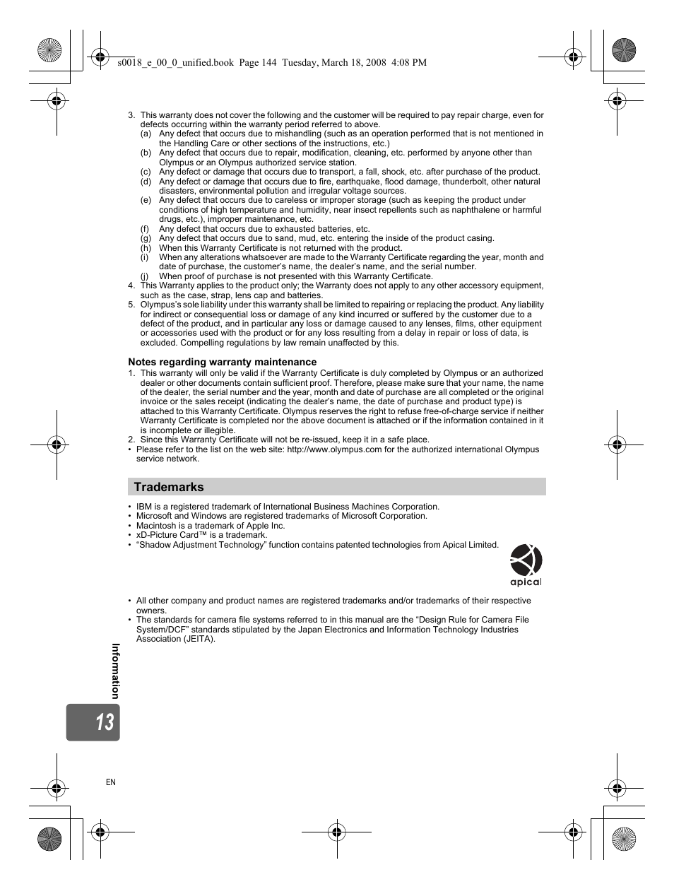 Trademarks | Olympus E-520 User Manual | Page 144 / 148