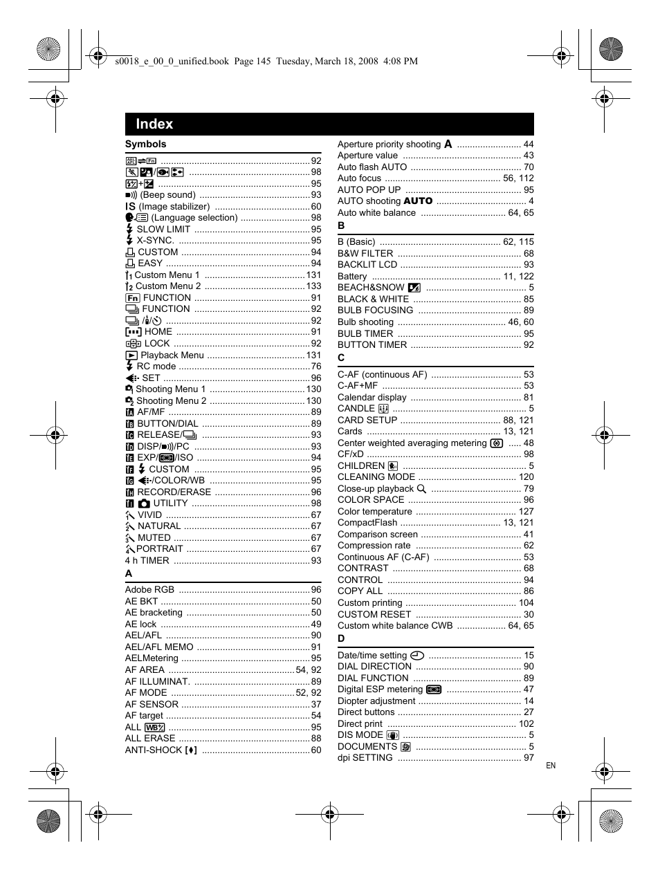 Index | Olympus E-520 User Manual | Page 145 / 148