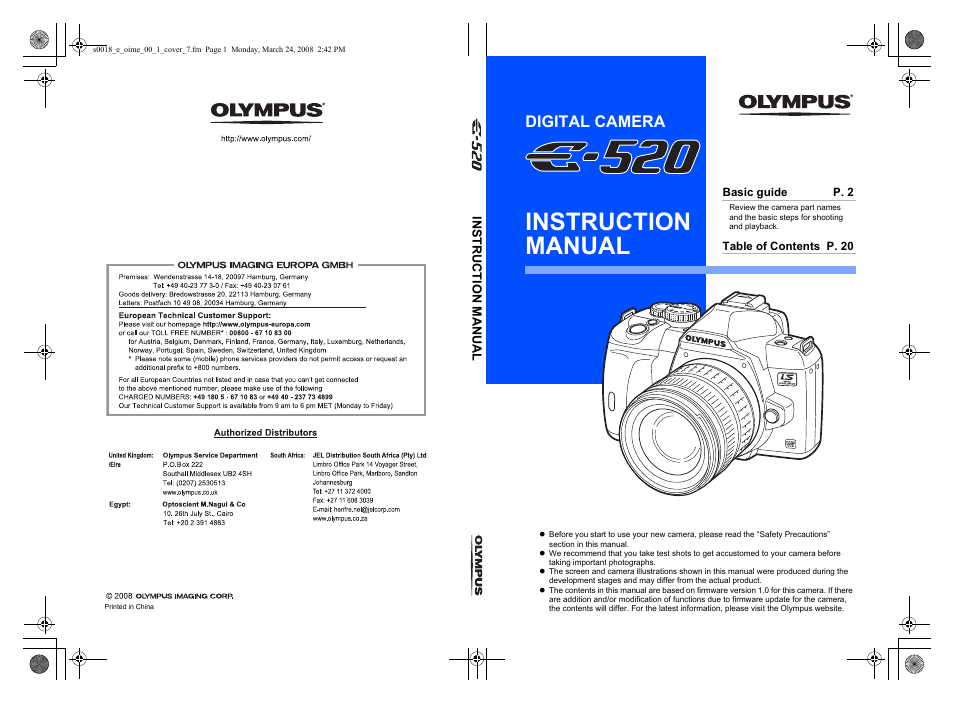 Instruction manual, Digital camera | Olympus E-520 User Manual | Page 148 / 148