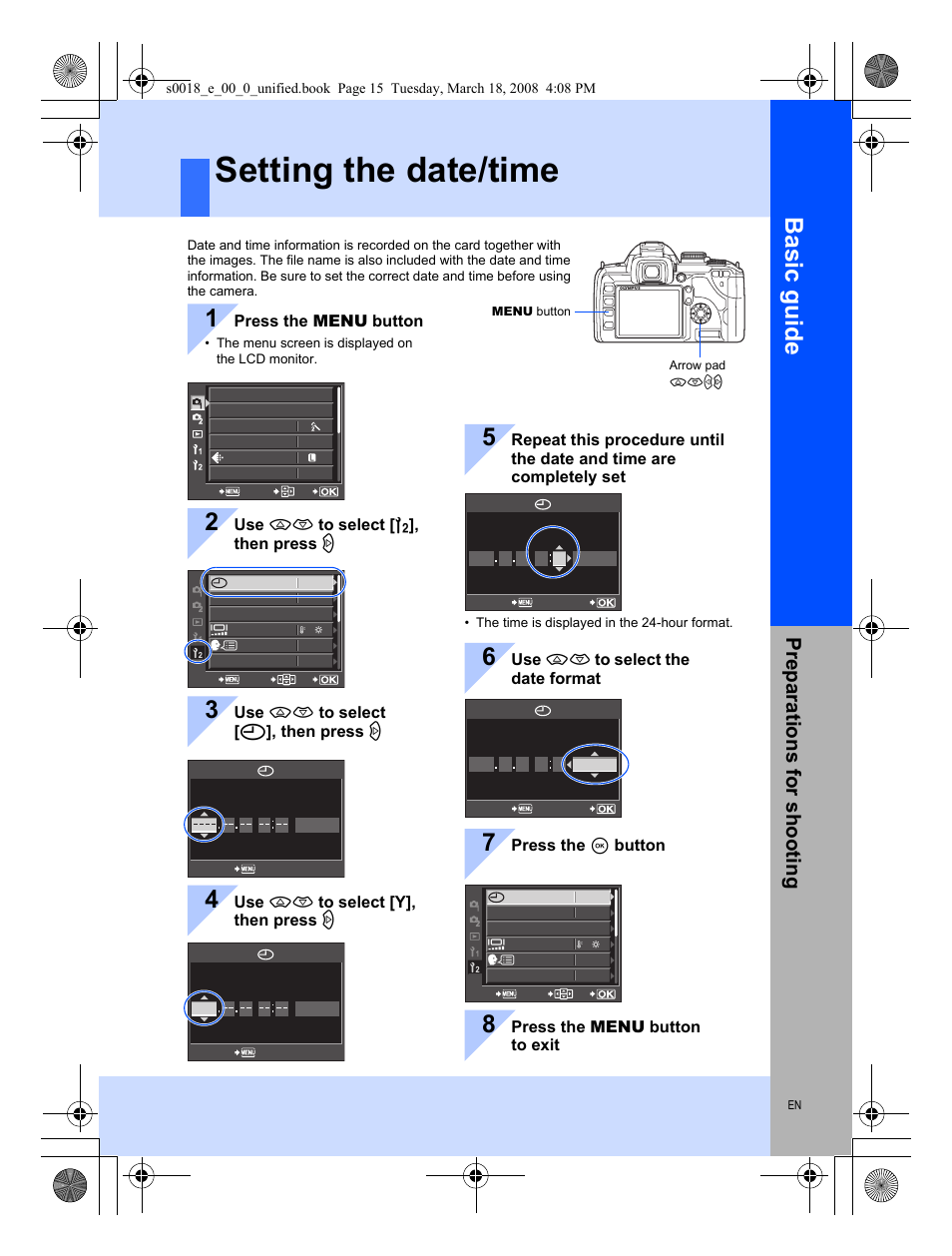 Setting the date/time, Basic guide, Preparat ions for shooting | Olympus E-520 User Manual | Page 15 / 148