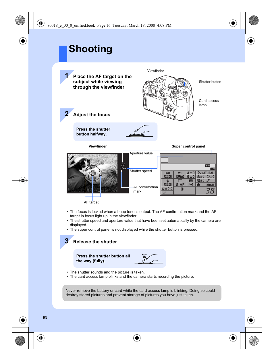 Shooting | Olympus E-520 User Manual | Page 16 / 148