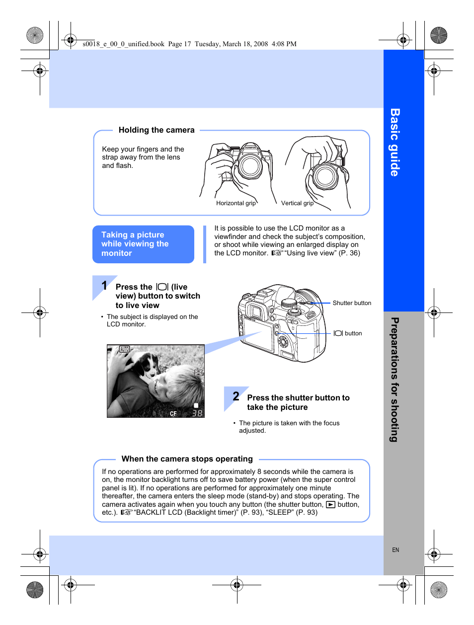 Preparations for shooting, Basic guide, Preparat ions for shooting | Olympus E-520 User Manual | Page 17 / 148
