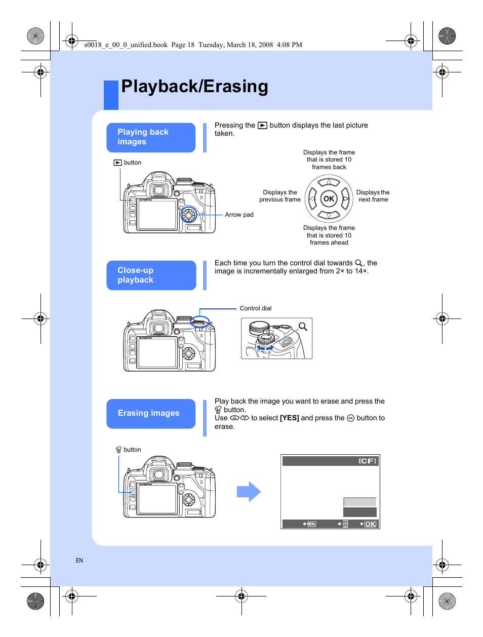 Playback/erasing | Olympus E-520 User Manual | Page 18 / 148
