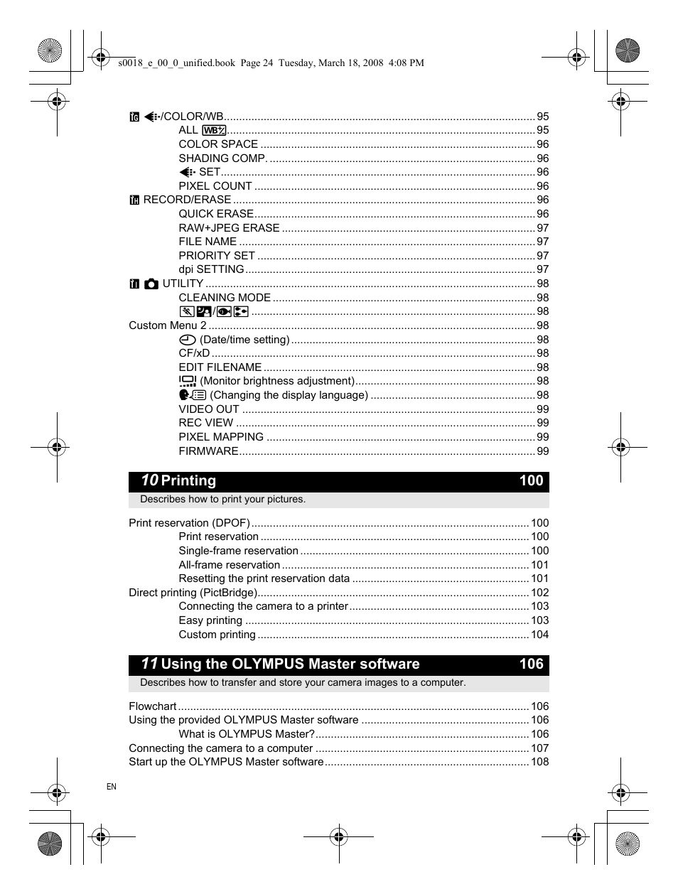 Printing 100, Using the olympus master software 106 | Olympus E-520 User Manual | Page 24 / 148