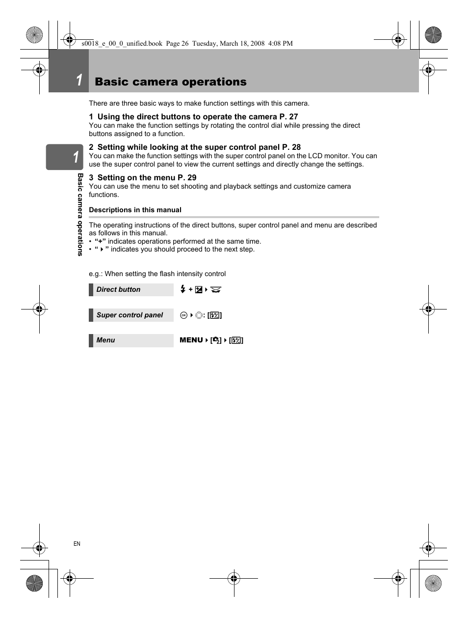 1 basic camera operations, Basic camera operations | Olympus E-520 User Manual | Page 26 / 148