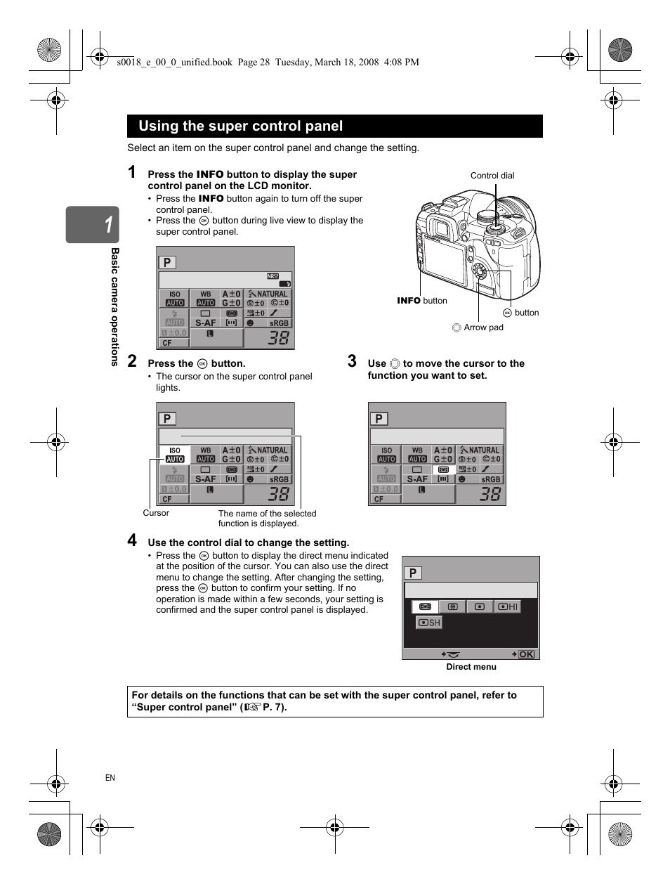 Using the super control panel | Olympus E-520 User Manual | Page 28 / 148