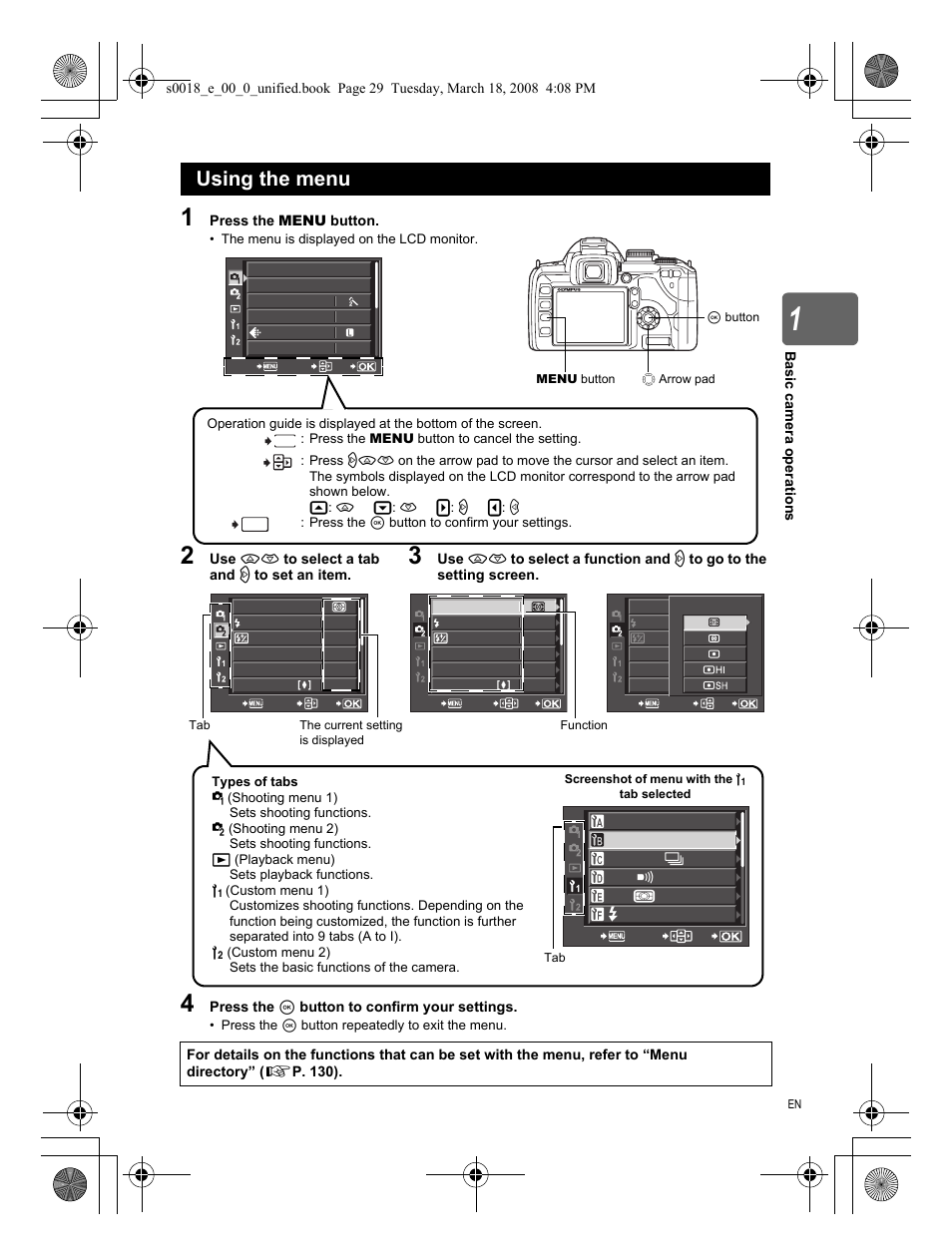 Using the menu | Olympus E-520 User Manual | Page 29 / 148