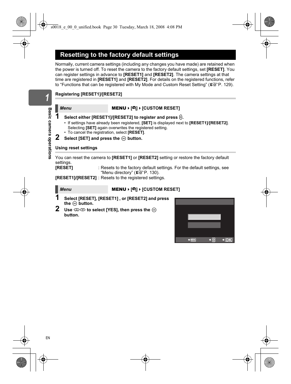 Resetting to the factory default settings | Olympus E-520 User Manual | Page 30 / 148
