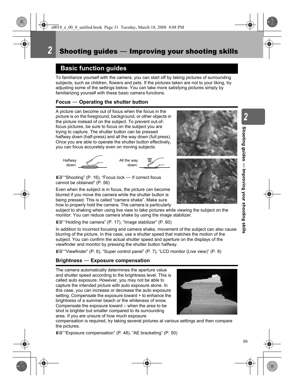 2 shooting guides－improving your shooting skills, Basic function guides, Focus－operating the shutter button | Brightness－exposure compensation, Shooting guides k improving your shooting skills | Olympus E-520 User Manual | Page 31 / 148