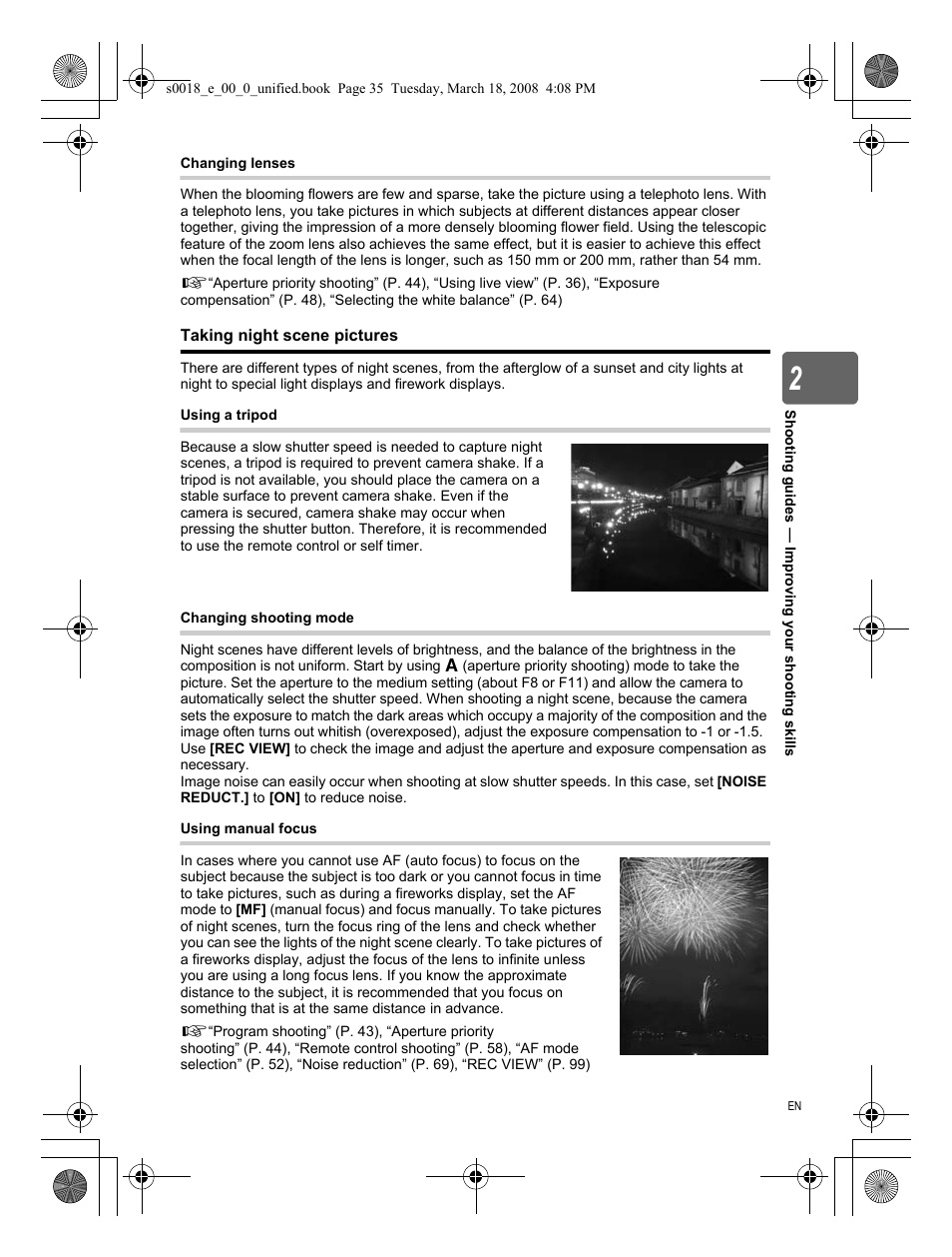 Taking night scene pictures | Olympus E-520 User Manual | Page 35 / 148