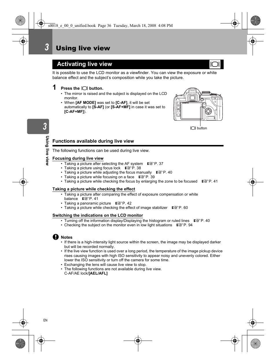 3 using live view, Activating live view, Functions available during live view | Using live view | Olympus E-520 User Manual | Page 36 / 148