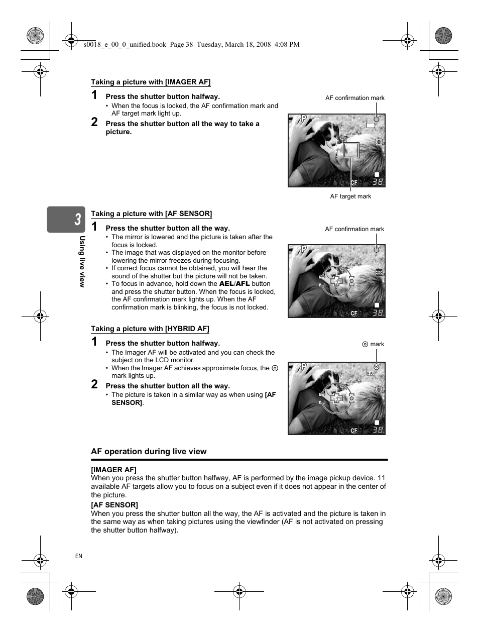 Af operation during live view | Olympus E-520 User Manual | Page 38 / 148