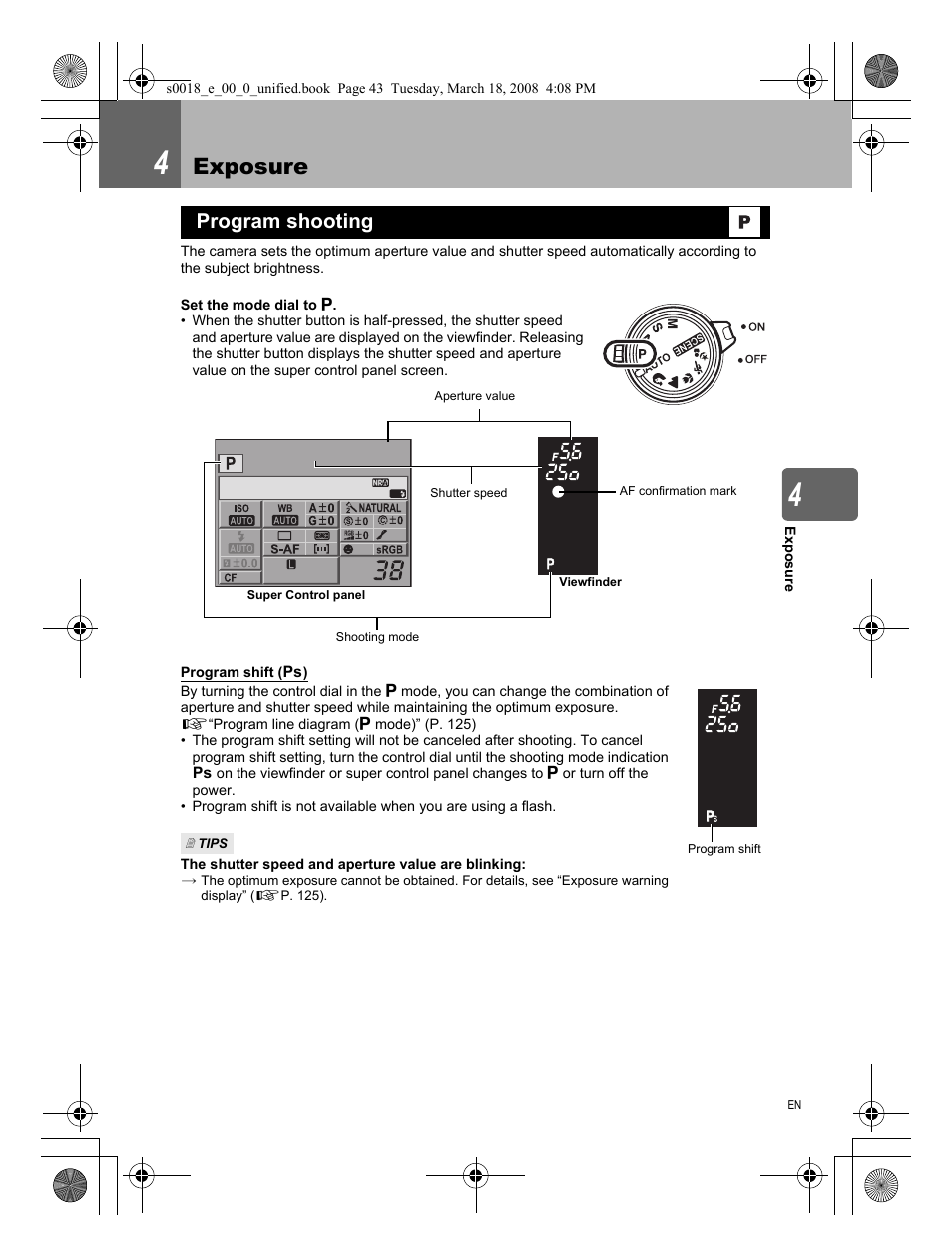 4 exposure, Program shooting, Exposure | Olympus E-520 User Manual | Page 43 / 148