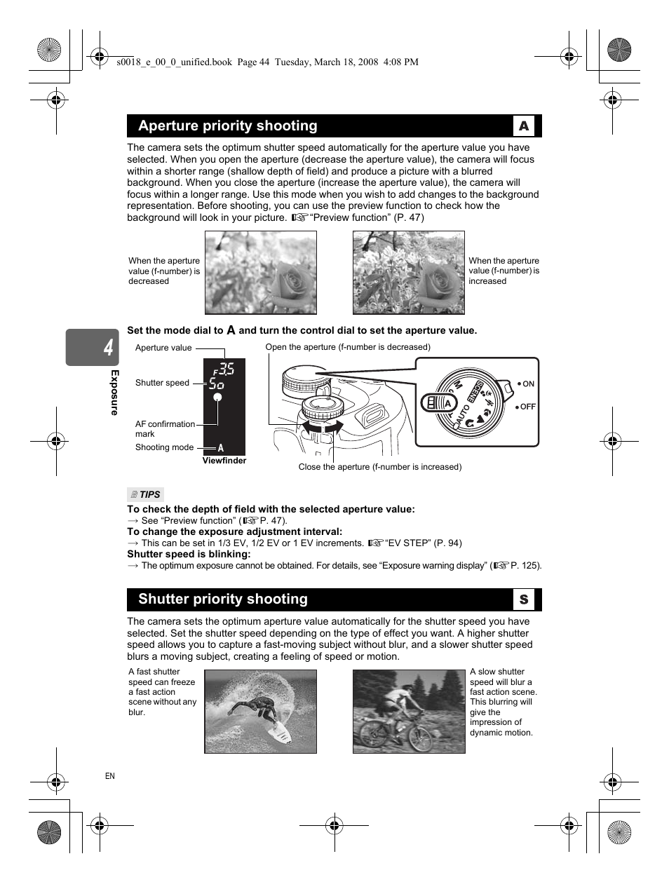 Aperture priority shooting, Shutter priority shooting | Olympus E-520 User Manual | Page 44 / 148