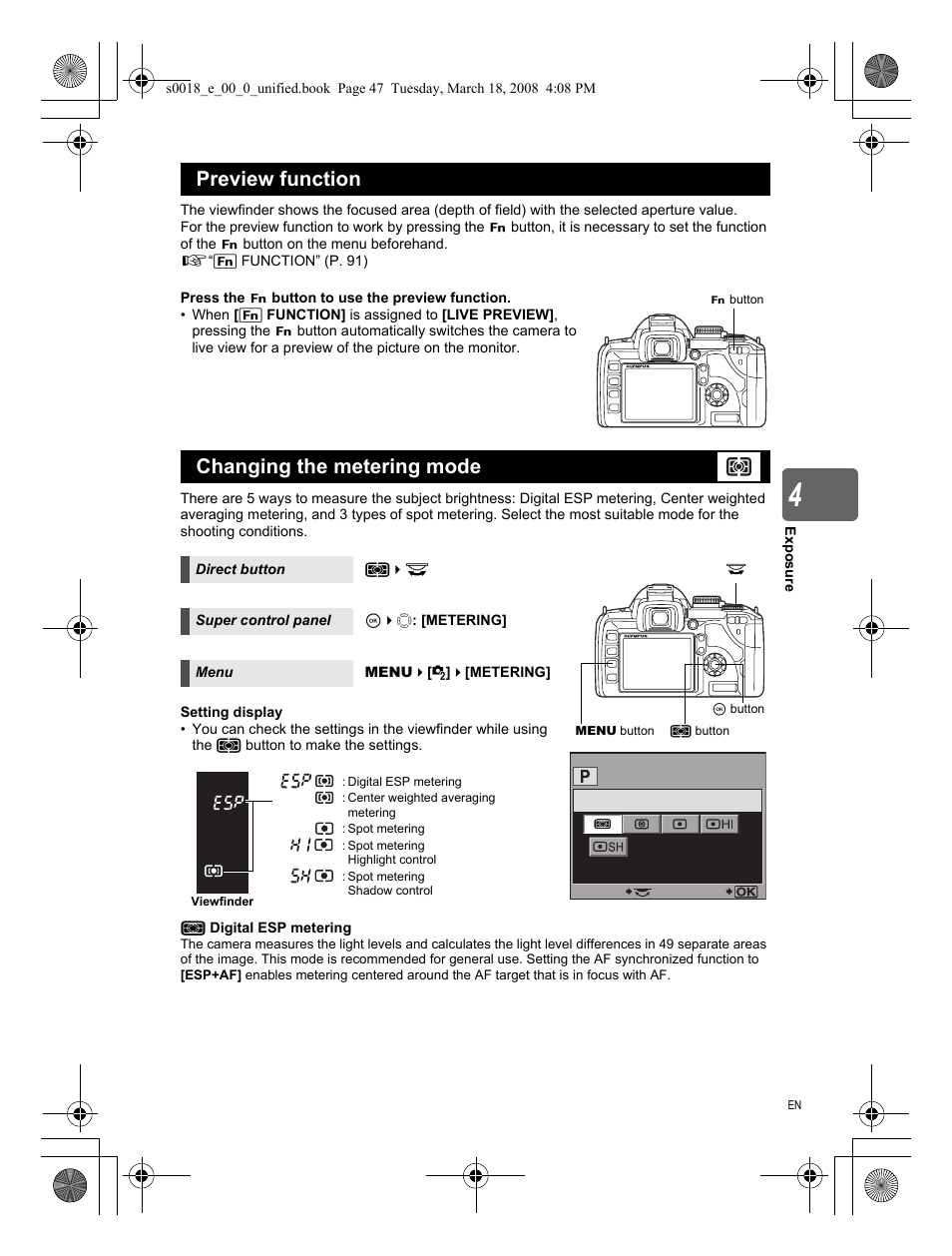 Preview function, Changing the metering mode, Preview function changing the metering mode | Olympus E-520 User Manual | Page 47 / 148