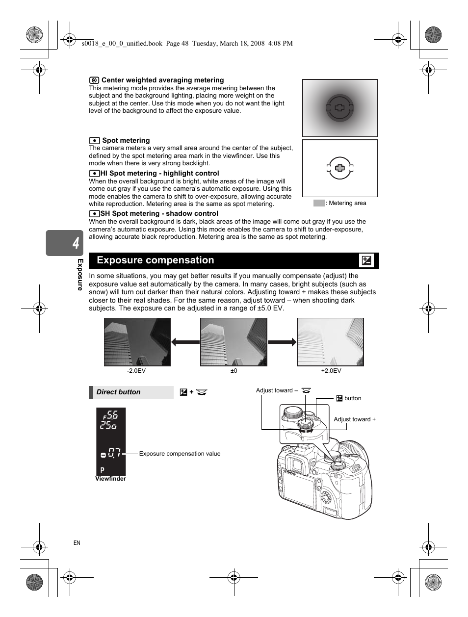 Exposure compensation | Olympus E-520 User Manual | Page 48 / 148