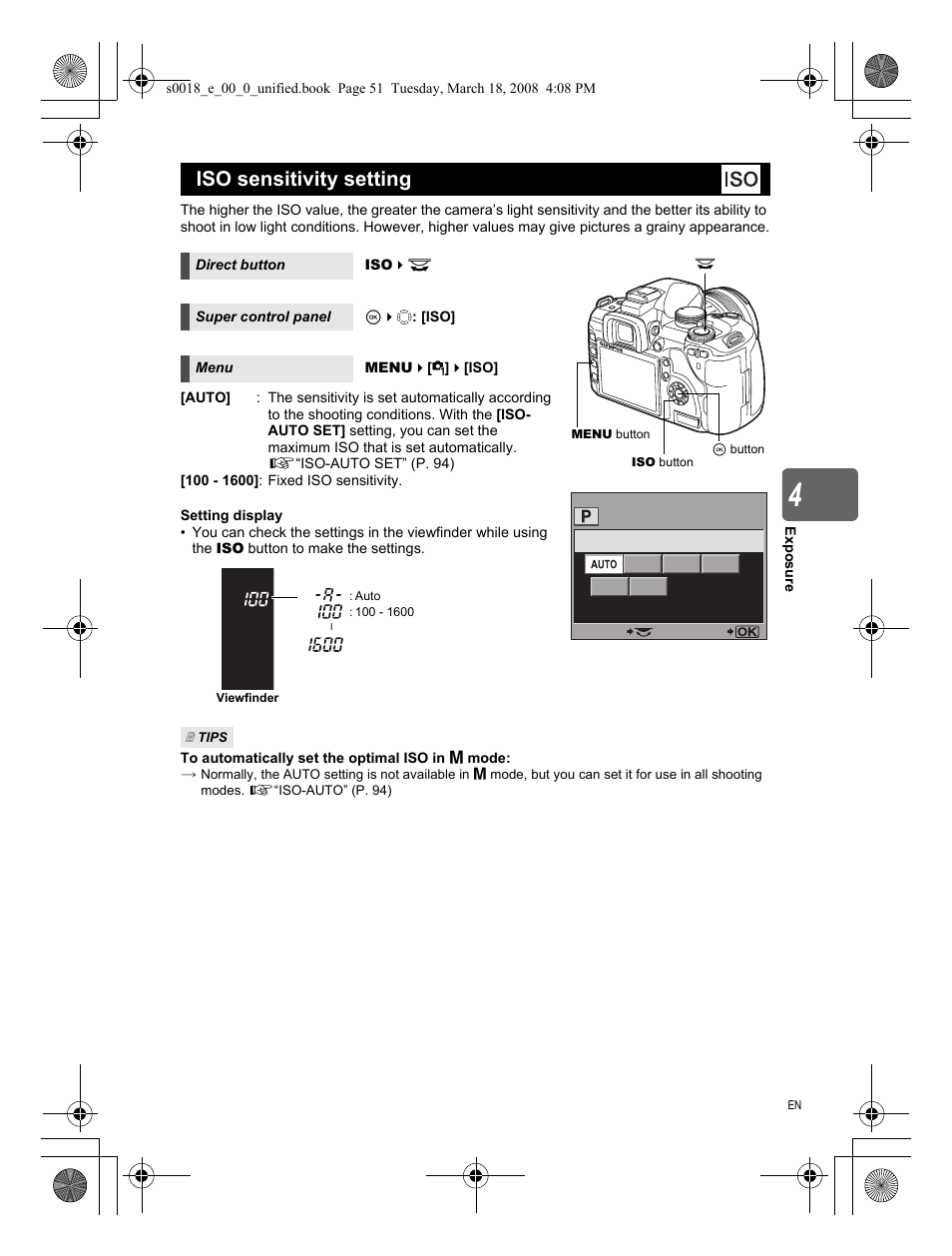 Iso sensitivity setting | Olympus E-520 User Manual | Page 51 / 148