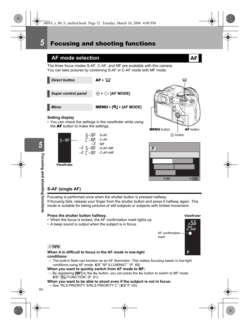 5 focusing and shooting functions, Af mode selection, S-af (single af) | Focusing and shooting functions | Olympus E-520 User Manual | Page 52 / 148