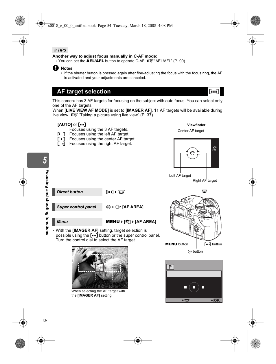 Af target selection | Olympus E-520 User Manual | Page 54 / 148