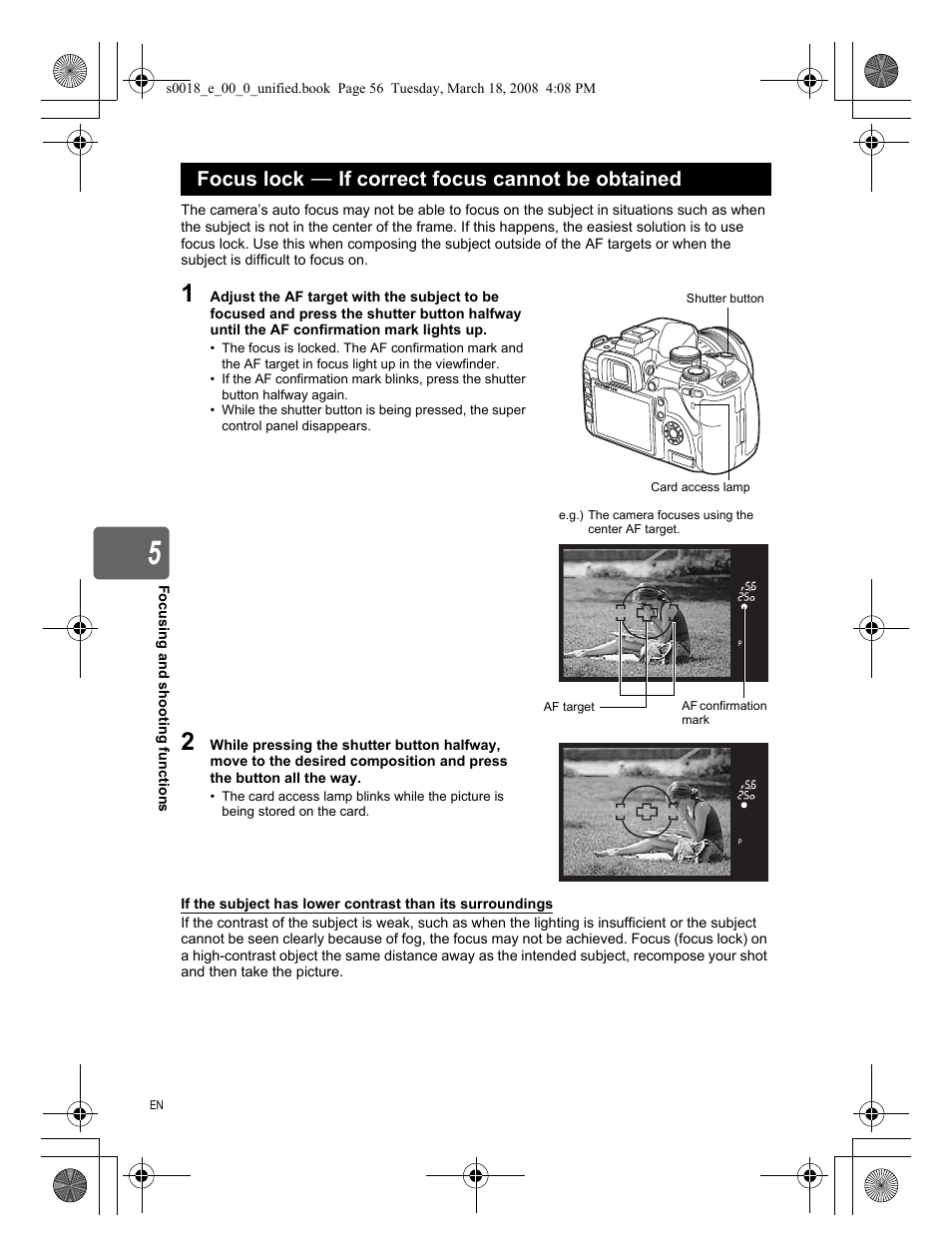 Focus lock－if correct focus cannot be obtained, Focus lock k if correct focus cannot be obtained | Olympus E-520 User Manual | Page 56 / 148