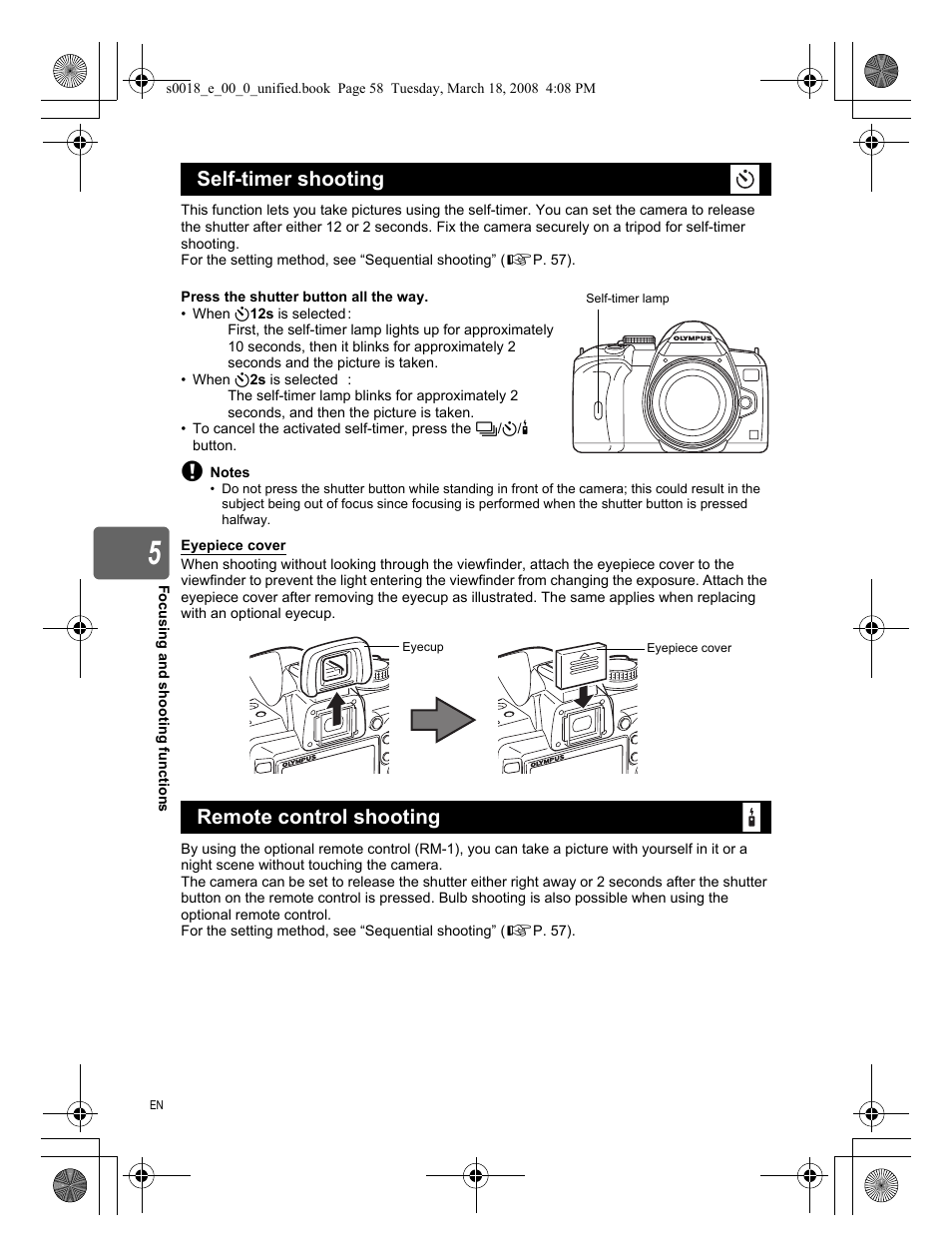 Self-timer shooting, Remote control shooting, Self-timer shooting remote control shooting | Olympus E-520 User Manual | Page 58 / 148