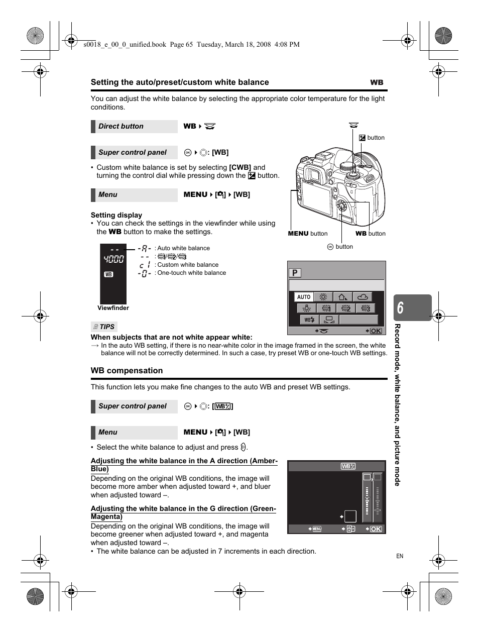 Setting the auto/preset/custom white balance, Wb compensation | Olympus E-520 User Manual | Page 65 / 148
