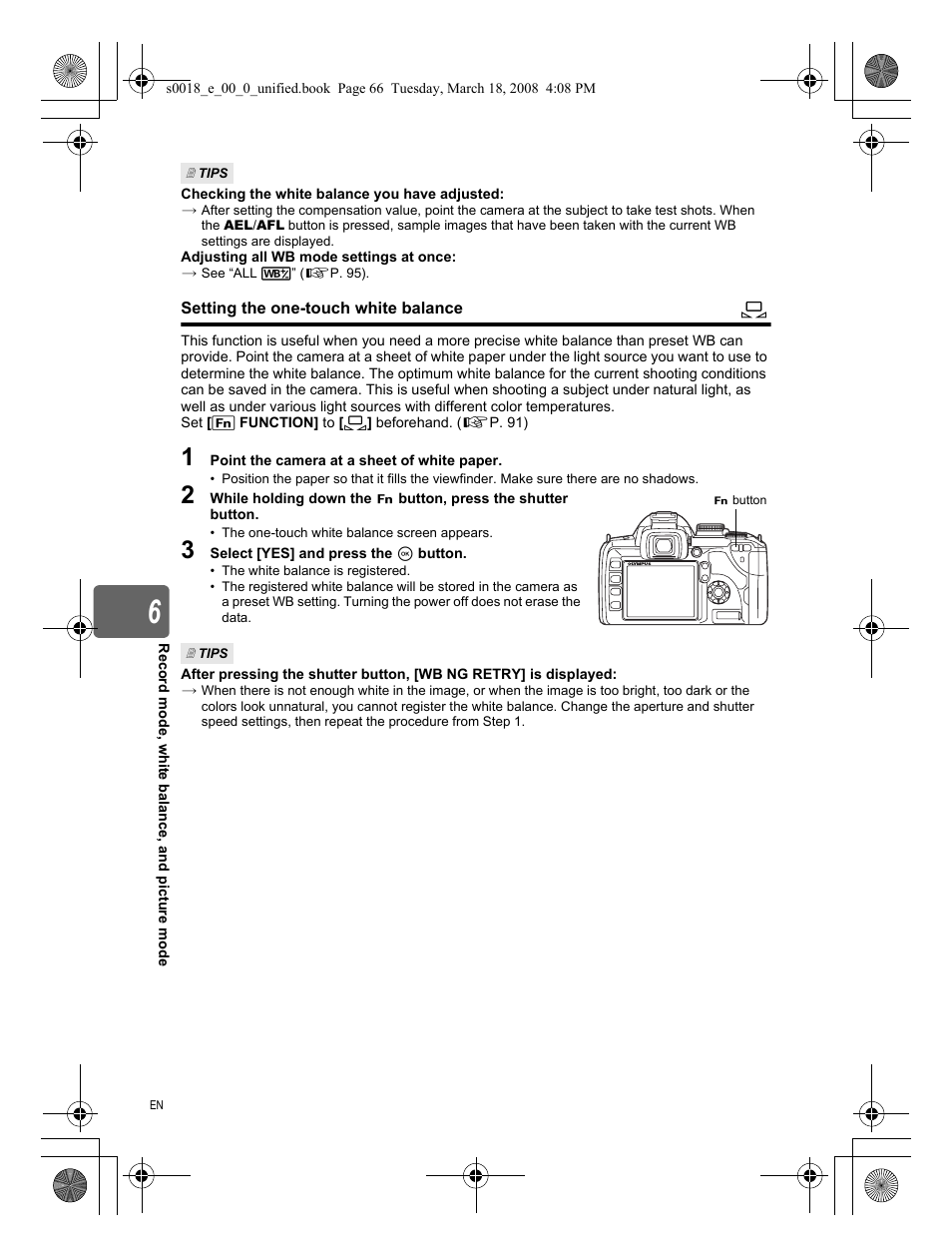 Setting the one-touch white balance | Olympus E-520 User Manual | Page 66 / 148