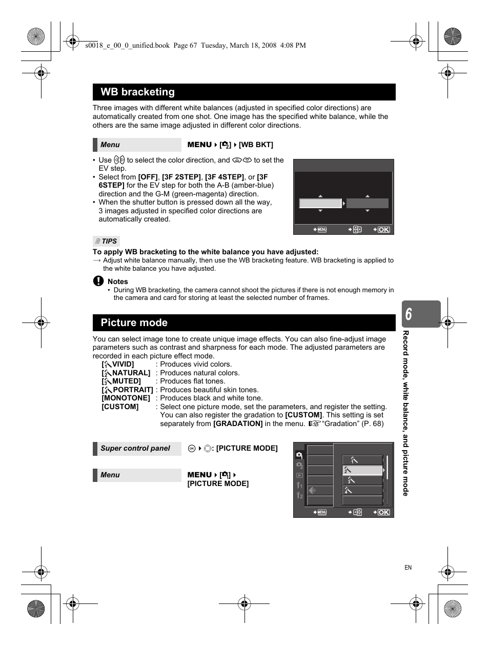 Wb bracketing, Picture mode | Olympus E-520 User Manual | Page 67 / 148