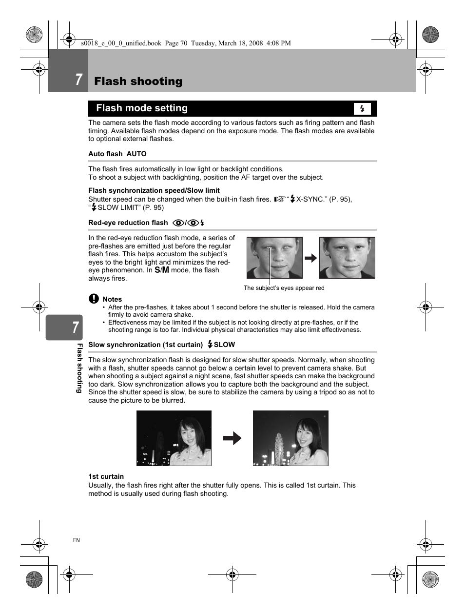 7 flash shooting, Flash mode setting, Flash shooting | Olympus E-520 User Manual | Page 70 / 148