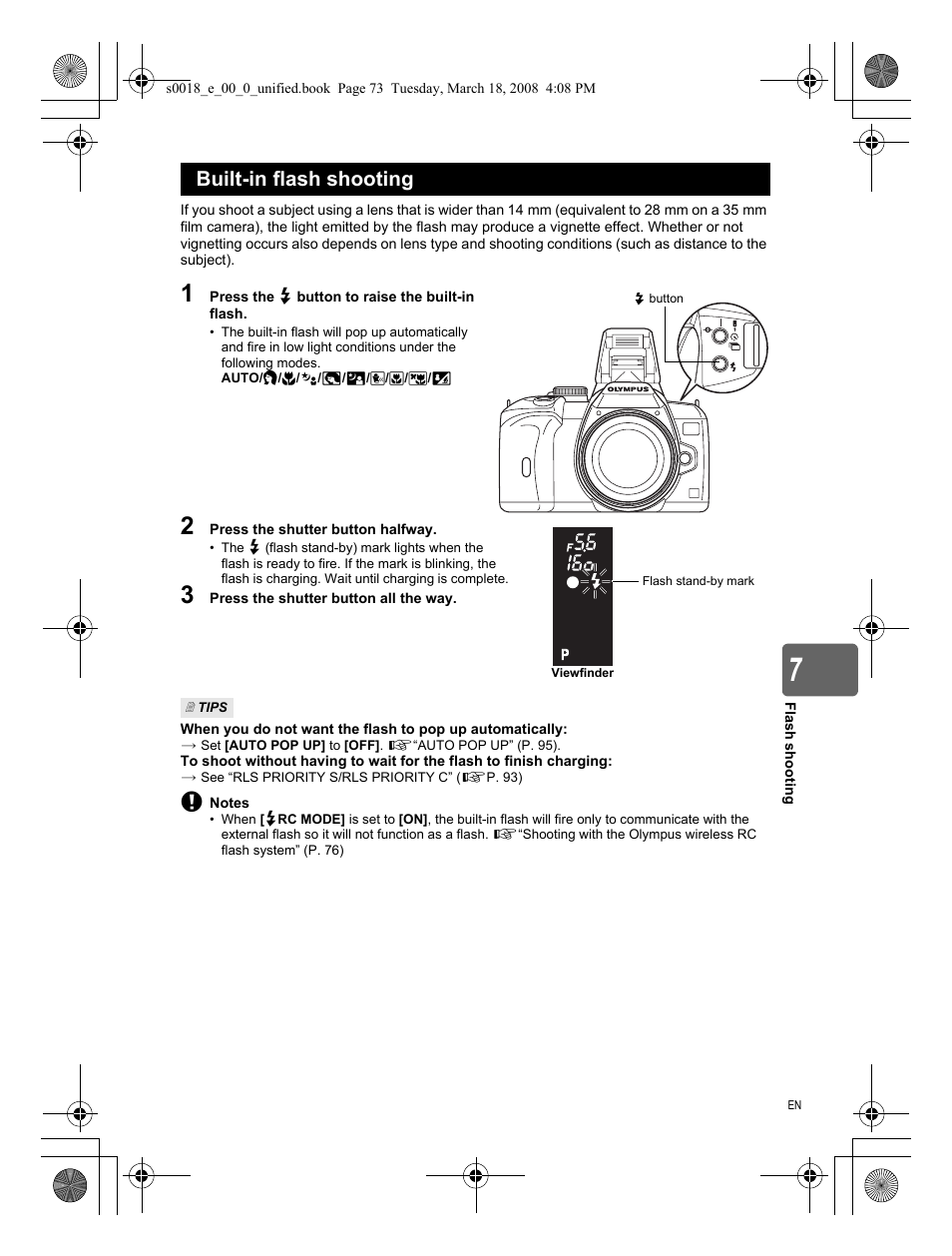 Built-in flash shooting | Olympus E-520 User Manual | Page 73 / 148