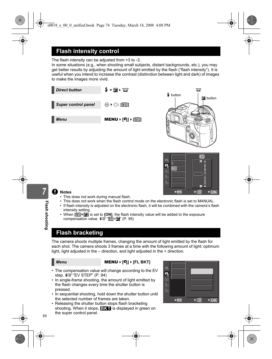 Flash intensity control, Flash bracketing | Olympus E-520 User Manual | Page 74 / 148